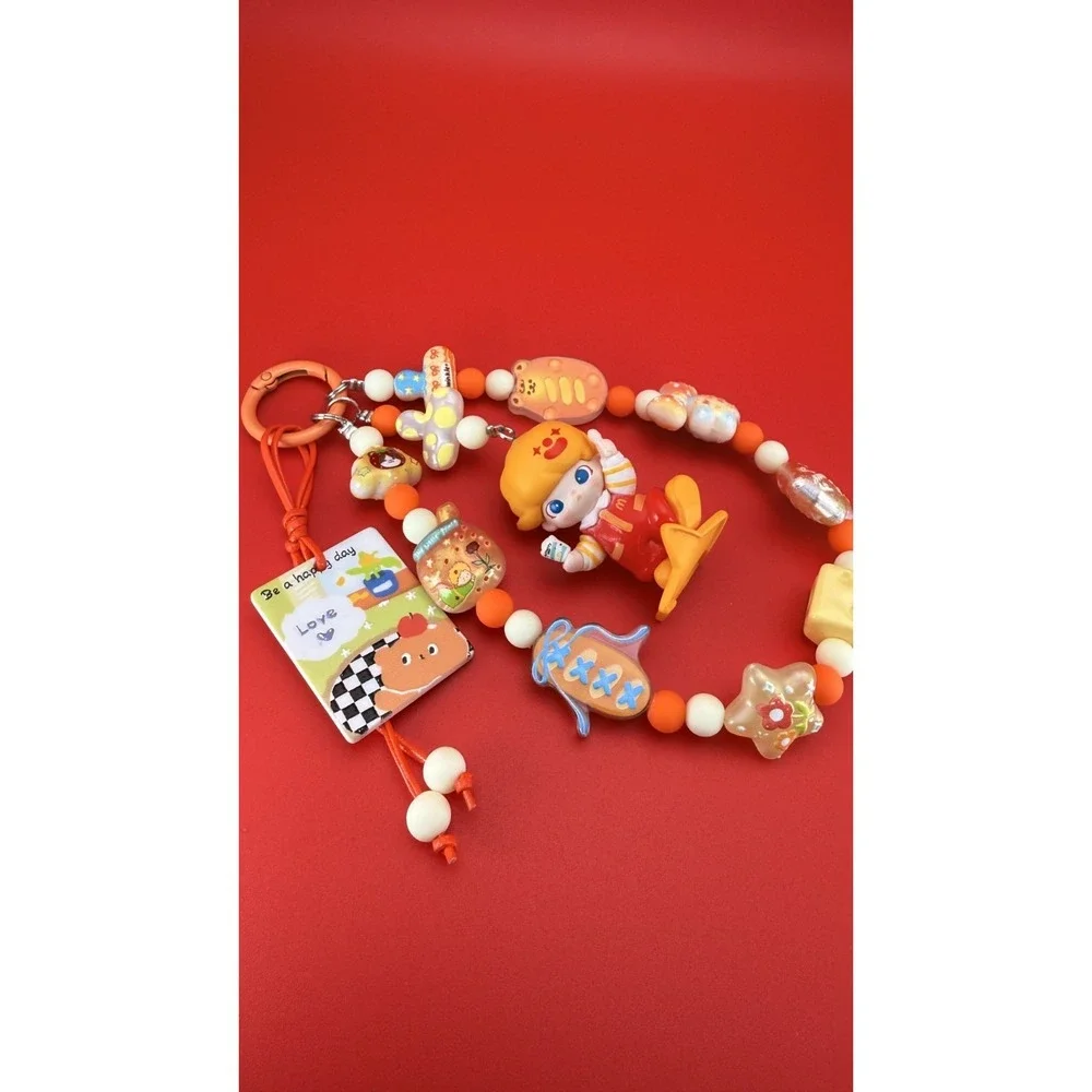 Handmade OOAK 3-Layer Orange Kawaii Burger Mascot Keychain Wristlet Bag Charm